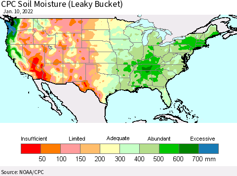 United States CPC Calculated Soil Moisture (Leaky Bucket) Thematic Map For 1/6/2022 - 1/10/2022