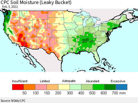 United States CPC Soil Moisture (Leaky Bucket) Thematic Map For 2/1/2022 - 2/5/2022