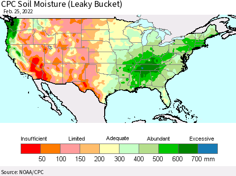 United States CPC Soil Moisture (Leaky Bucket) Thematic Map For 2/21/2022 - 2/25/2022