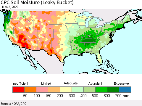 United States CPC Calculated Soil Moisture (Leaky Bucket) Thematic Map For 3/1/2022 - 3/5/2022