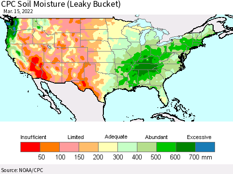 United States CPC Soil Moisture (Leaky Bucket) Thematic Map For 3/11/2022 - 3/15/2022