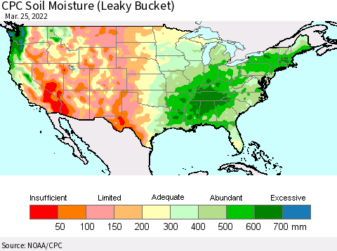 United States CPC Calculated Soil Moisture (Leaky Bucket) Thematic Map For 3/21/2022 - 3/25/2022