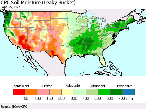 United States CPC Soil Moisture (Leaky Bucket) Thematic Map For 4/21/2022 - 4/25/2022