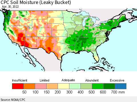 United States CPC Soil Moisture (Leaky Bucket) Thematic Map For 4/26/2022 - 4/30/2022
