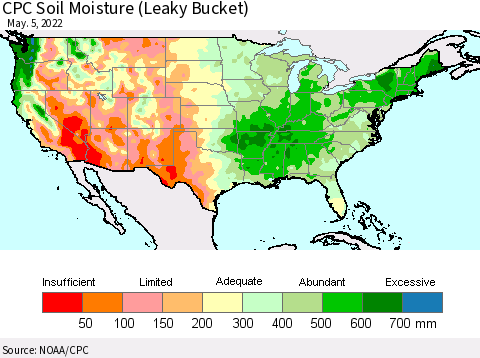 United States CPC Calculated Soil Moisture (Leaky Bucket) Thematic Map For 5/1/2022 - 5/5/2022