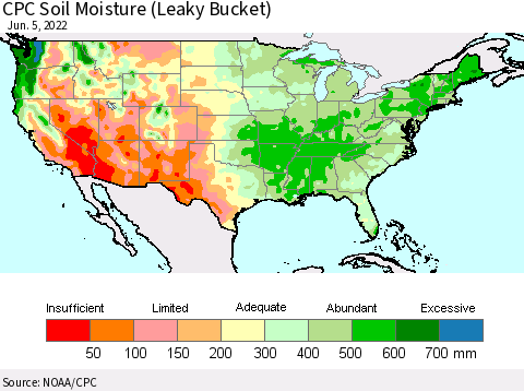 United States CPC Calculated Soil Moisture (Leaky Bucket) Thematic Map For 6/1/2022 - 6/5/2022