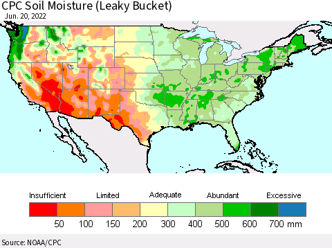 United States CPC Calculated Soil Moisture (Leaky Bucket) Thematic Map For 6/16/2022 - 6/20/2022