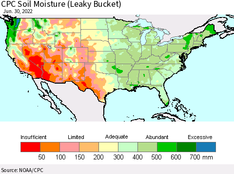 United States CPC Calculated Soil Moisture (Leaky Bucket) Thematic Map For 6/26/2022 - 6/30/2022