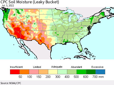 United States CPC Soil Moisture (Leaky Bucket) Thematic Map For 7/1/2022 - 7/5/2022