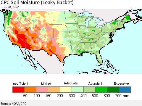 United States CPC Calculated Soil Moisture (Leaky Bucket) Thematic Map For 7/16/2022 - 7/20/2022