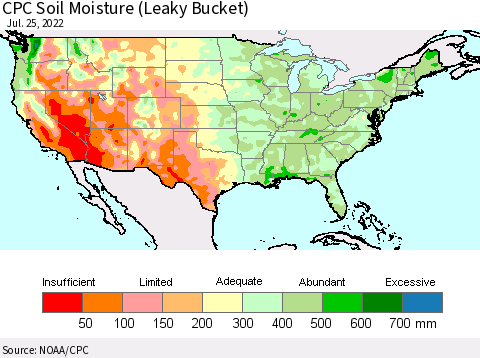 United States CPC Calculated Soil Moisture (Leaky Bucket) Thematic Map For 7/21/2022 - 7/25/2022