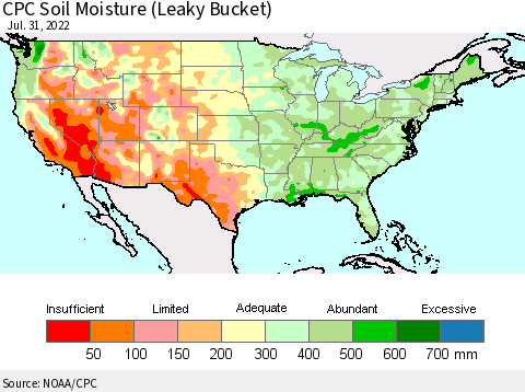 United States CPC Calculated Soil Moisture (Leaky Bucket) Thematic Map For 7/26/2022 - 7/31/2022