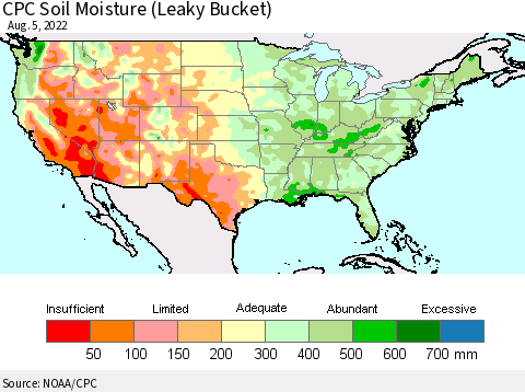 United States CPC Calculated Soil Moisture (Leaky Bucket) Thematic Map For 8/1/2022 - 8/5/2022