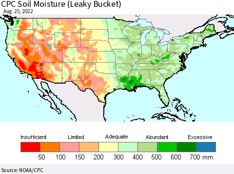 United States CPC Calculated Soil Moisture (Leaky Bucket) Thematic Map For 8/21/2022 - 8/25/2022
