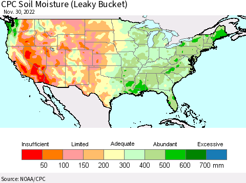 United States CPC Soil Moisture (Leaky Bucket) Thematic Map For 11/26/2022 - 11/30/2022