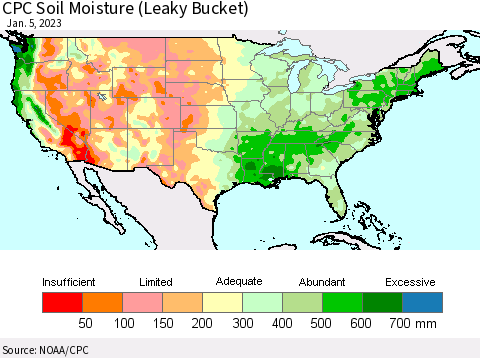 United States CPC Calculated Soil Moisture (Leaky Bucket) Thematic Map For 1/1/2023 - 1/5/2023