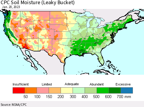 United States CPC Soil Moisture (Leaky Bucket) Thematic Map For 1/16/2023 - 1/20/2023