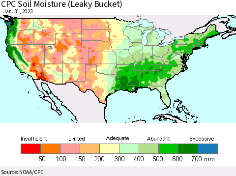 United States CPC Soil Moisture (Leaky Bucket) Thematic Map For 1/26/2023 - 1/31/2023