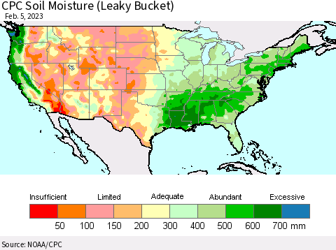 United States CPC Soil Moisture (Leaky Bucket) Thematic Map For 2/1/2023 - 2/5/2023