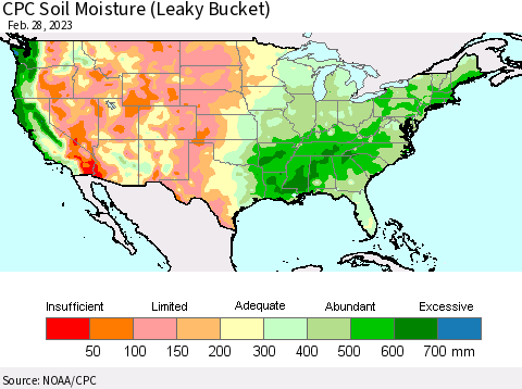 United States CPC Soil Moisture (Leaky Bucket) Thematic Map For 2/26/2023 - 2/28/2023