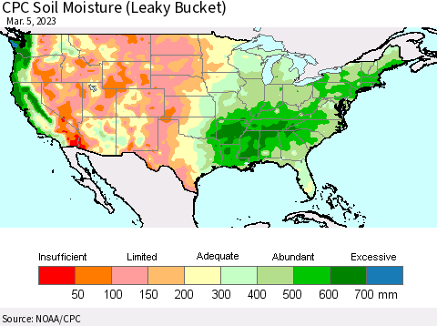 United States CPC Soil Moisture (Leaky Bucket) Thematic Map For 3/1/2023 - 3/5/2023