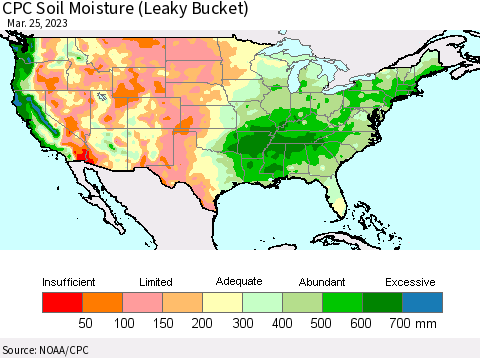 United States CPC Calculated Soil Moisture (Leaky Bucket) Thematic Map For 3/21/2023 - 3/25/2023
