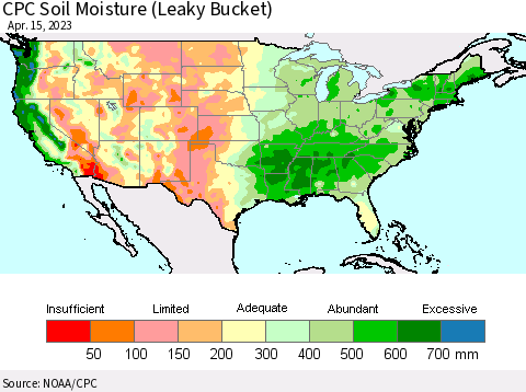 United States CPC Calculated Soil Moisture (Leaky Bucket) Thematic Map For 4/11/2023 - 4/15/2023