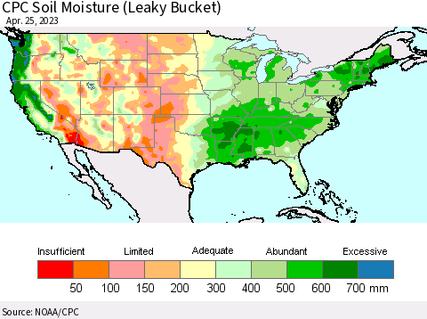 United States CPC Soil Moisture (Leaky Bucket) Thematic Map For 4/21/2023 - 4/25/2023