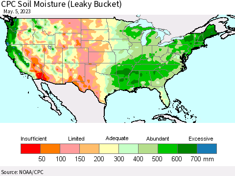 United States CPC Calculated Soil Moisture (Leaky Bucket) Thematic Map For 5/1/2023 - 5/5/2023