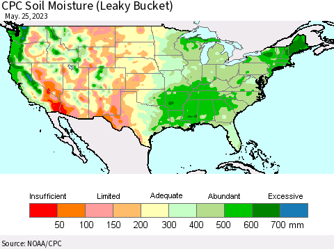 United States CPC Soil Moisture (Leaky Bucket) Thematic Map For 5/21/2023 - 5/25/2023