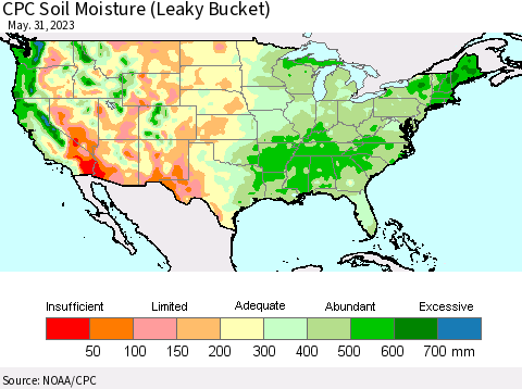 United States CPC Soil Moisture (Leaky Bucket) Thematic Map For 5/26/2023 - 5/31/2023
