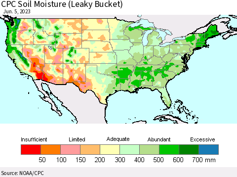 United States CPC Soil Moisture (Leaky Bucket) Thematic Map For 6/1/2023 - 6/5/2023