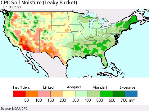 United States CPC Soil Moisture (Leaky Bucket) Thematic Map For 6/26/2023 - 6/30/2023