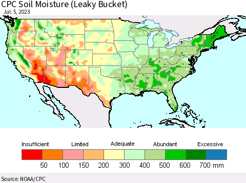 United States CPC Soil Moisture (Leaky Bucket) Thematic Map For 7/1/2023 - 7/5/2023