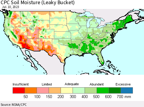 United States CPC Soil Moisture (Leaky Bucket) Thematic Map For 7/6/2023 - 7/10/2023