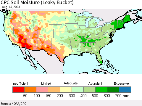 United States CPC Soil Moisture (Leaky Bucket) Thematic Map For 8/11/2023 - 8/15/2023