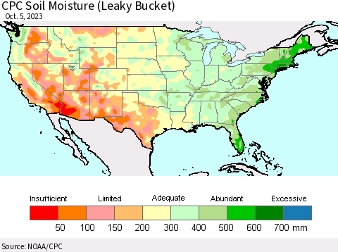 United States CPC Soil Moisture (Leaky Bucket) Thematic Map For 10/1/2023 - 10/5/2023