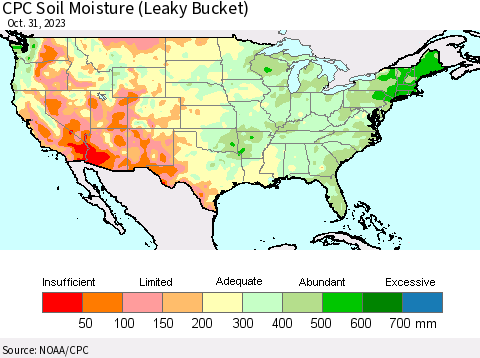 United States CPC Soil Moisture (Leaky Bucket) Thematic Map For 10/26/2023 - 10/31/2023