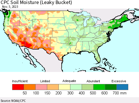 United States CPC Soil Moisture (Leaky Bucket) Thematic Map For 11/1/2023 - 11/5/2023