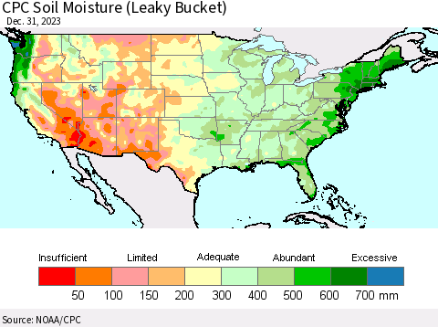 United States CPC Soil Moisture (Leaky Bucket) Thematic Map For 12/26/2023 - 12/31/2023