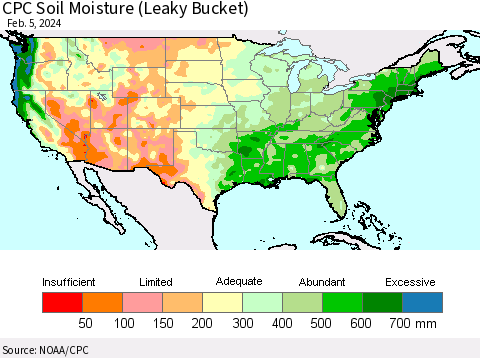 United States CPC Soil Moisture (Leaky Bucket) Thematic Map For 2/1/2024 - 2/5/2024
