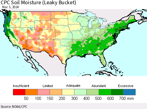 United States CPC Soil Moisture (Leaky Bucket) Thematic Map For 3/1/2024 - 3/5/2024