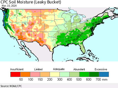 United States CPC Soil Moisture (Leaky Bucket) Thematic Map For 3/6/2024 - 3/10/2024
