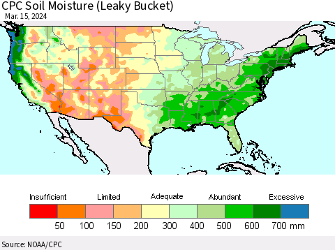 United States CPC Soil Moisture (Leaky Bucket) Thematic Map For 3/11/2024 - 3/15/2024