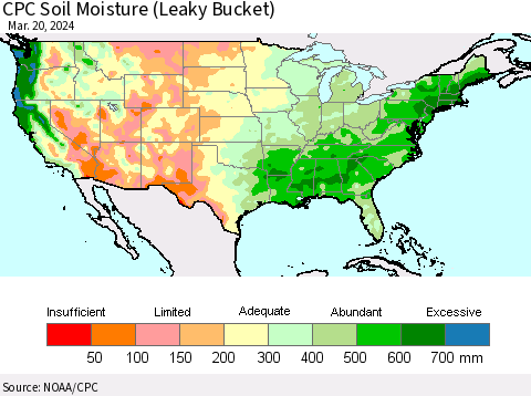 United States CPC Soil Moisture (Leaky Bucket) Thematic Map For 3/16/2024 - 3/20/2024