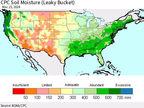 United States CPC Soil Moisture (Leaky Bucket) Thematic Map For 3/21/2024 - 3/25/2024