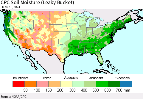 United States CPC Soil Moisture (Leaky Bucket) Thematic Map For 3/26/2024 - 3/31/2024