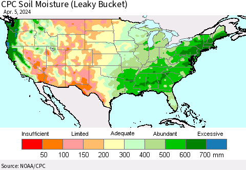 United States CPC Soil Moisture (Leaky Bucket) Thematic Map For 4/1/2024 - 4/5/2024