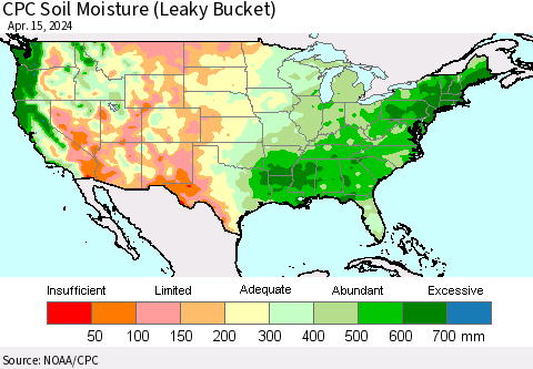 United States CPC Soil Moisture (Leaky Bucket) Thematic Map For 4/11/2024 - 4/15/2024