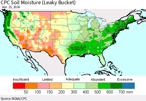 United States CPC Soil Moisture (Leaky Bucket) Thematic Map For 4/21/2024 - 4/25/2024